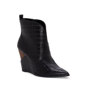 Black Croc-Embossed Wedge Ankle Boots